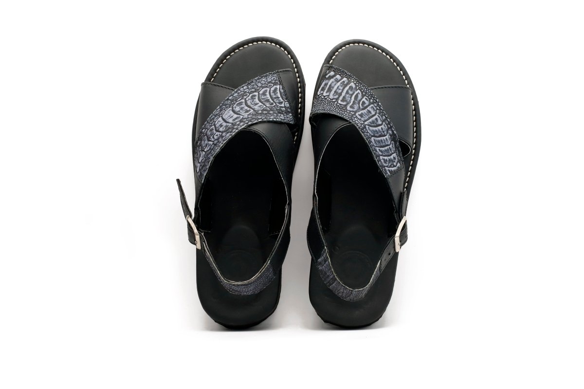 Huarache Apatzingan - Pata de Avestruz negro/azul - Calitamo - huarache